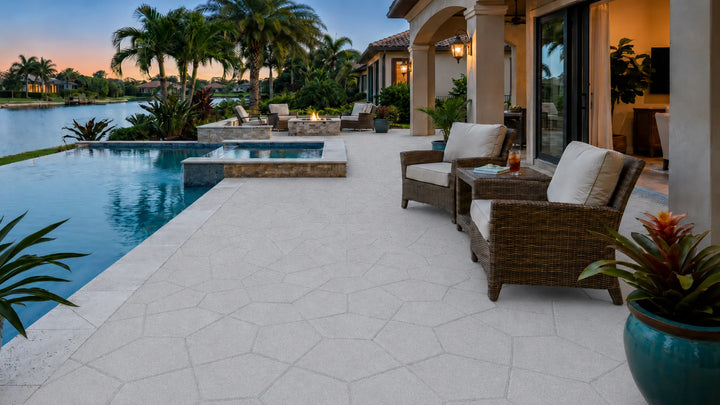 ModaPAVE pentagon concrete paver in Platinum — wide lifestyle view | ModaConcrete outdoor hardscape