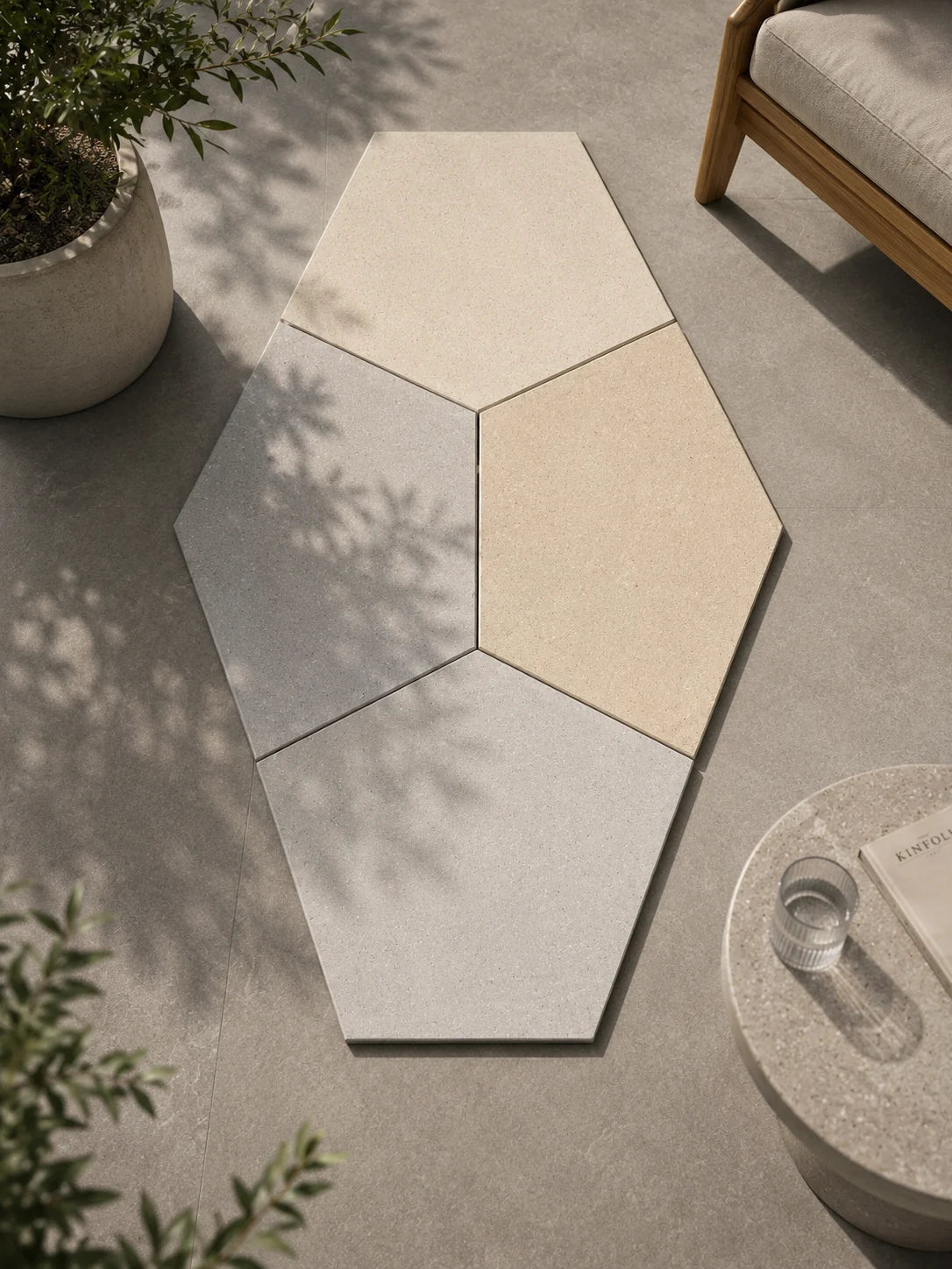 ModaPAVE pentagon concrete paver in Sand — render view | ModaConcrete outdoor hardscape
