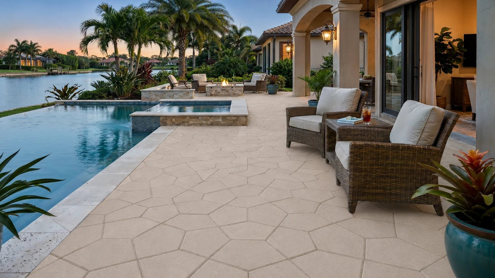 ModaPAVE pentagon concrete paver in Sand — wide lifestyle view | ModaConcrete outdoor hardscape