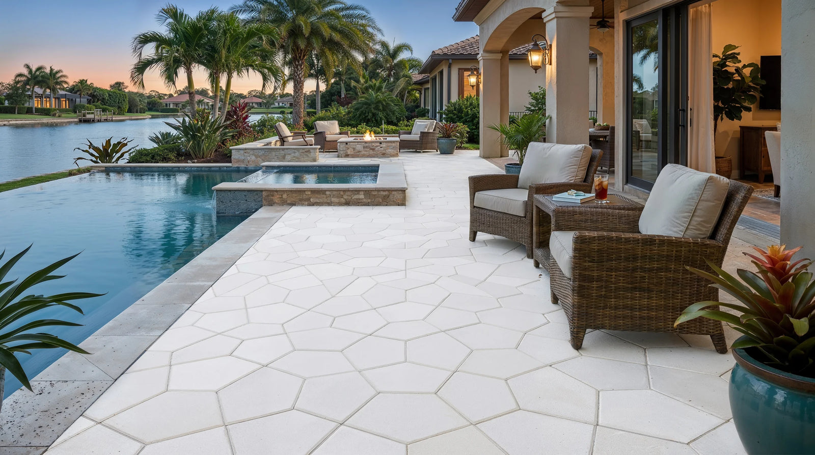 ModaPAVE pentagon concrete paver in White — wide lifestyle view | ModaConcrete outdoor hardscape