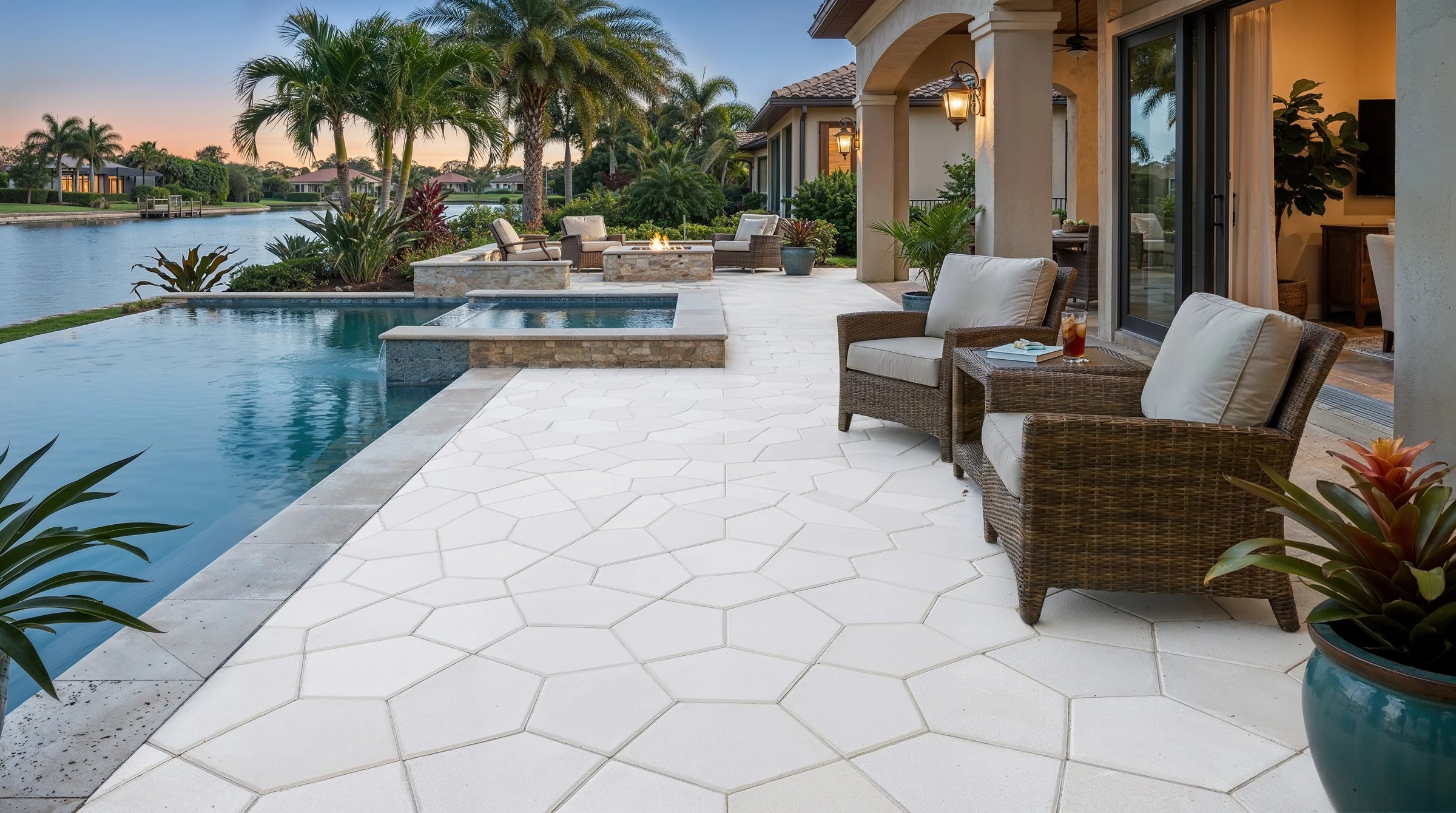 ModaPAVE pentagon concrete paver in White — wide lifestyle view | ModaConcrete outdoor hardscape