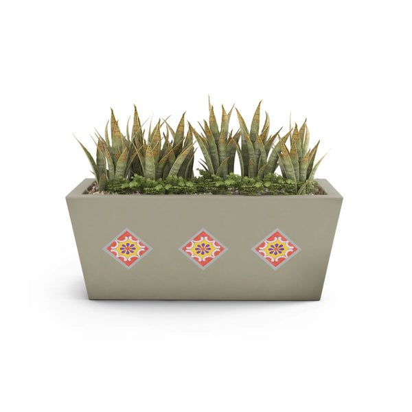 Mosaic Linear ModaCAST GFRC trough planter in Sage Burst Smokey Blue planted with snake plants