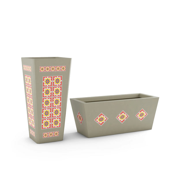 Mosaic ModaCAST GFRC tall and Linear planter pair, sage with pink and yellow tiles