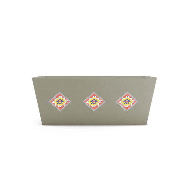 Mosaic Linear ModaCAST GFRC trough planter, sage with pink and yellow diamond tiles, front view