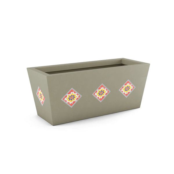 Mosaic Linear ModaCAST GFRC trough planter, sage with pink and yellow diamond tiles, raised view