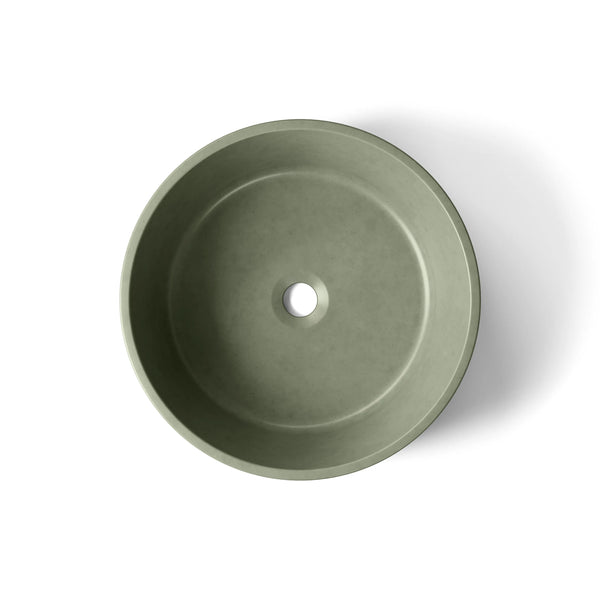 Nova ModaCAST GFRC concrete vessel sink in Sage, top view of basin and drain