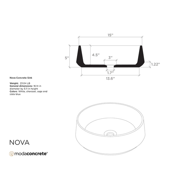 Nova ModaCAST concrete vessel sink dimension drawing with cross-section and outline view