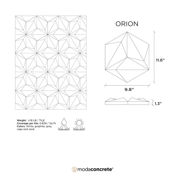 ModaWALL ORION 3D concrete wall tile dimension drawing, 9.8 x 11.6 in. hexagon, 1.3 in. deep