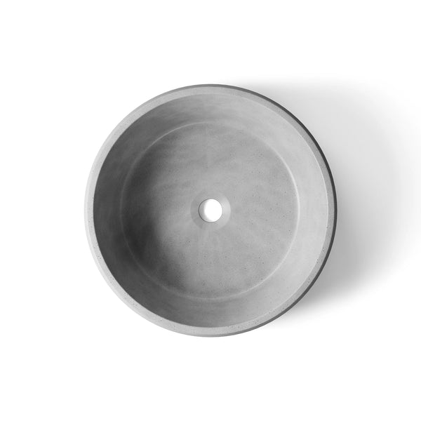 Pebble ModaCAST GFRC concrete vessel sink in Gray, top-down view of the bowl and drain