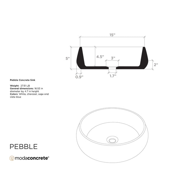 Pebble ModaCAST GFRC concrete vessel sink dimension drawing with section profile and outline view