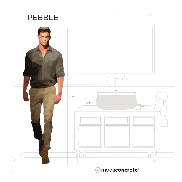 Pebble ModaCAST GFRC concrete vessel sink scale drawing on a vanity beside a standing person