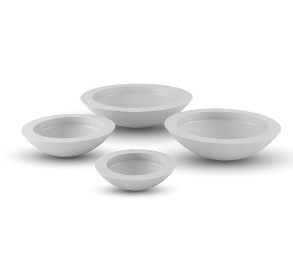 Oceanside ModaCAST GFRC shallow bowl planters in White, four sizes grouped, studio render