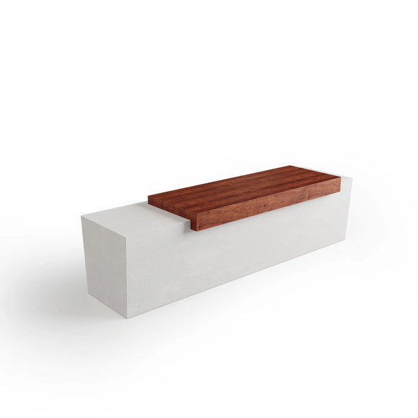 Tapered ModaCAST GFRC concrete bench in white with wood plank seat, angled studio view