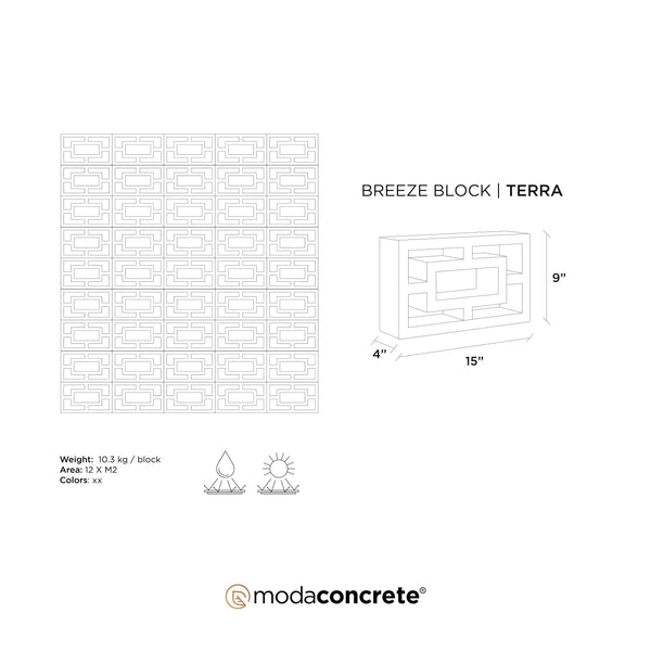 ModaBLOK TERRA breeze block dimension drawing, 15 x 9 x 4 in., with wall layout