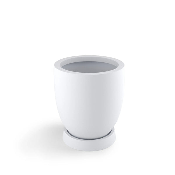 Terra ModaCAST lightweight fiberglass planter, bright white finish, empty with saucer, raised view