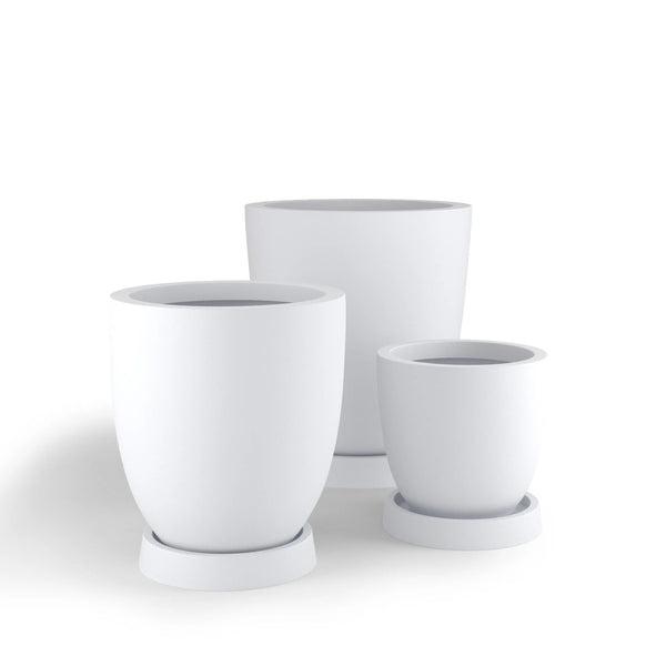 Terra ModaCAST lightweight fiberglass planters, bright white finish, three sizes with saucers