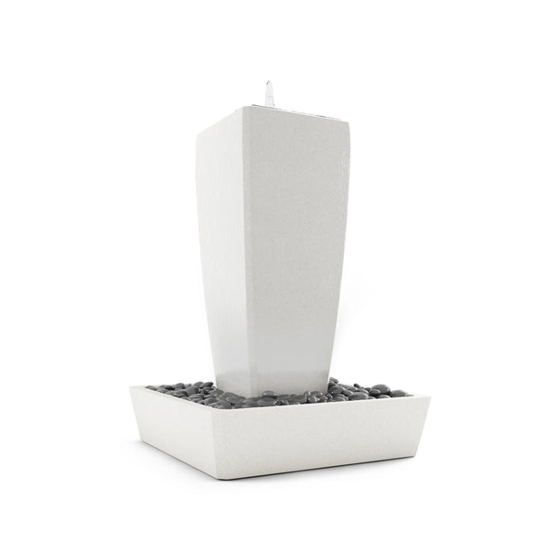 Vasa 52 in. ModaCAST StoneCast fountain set in White, studio corner view with dark pebbles
